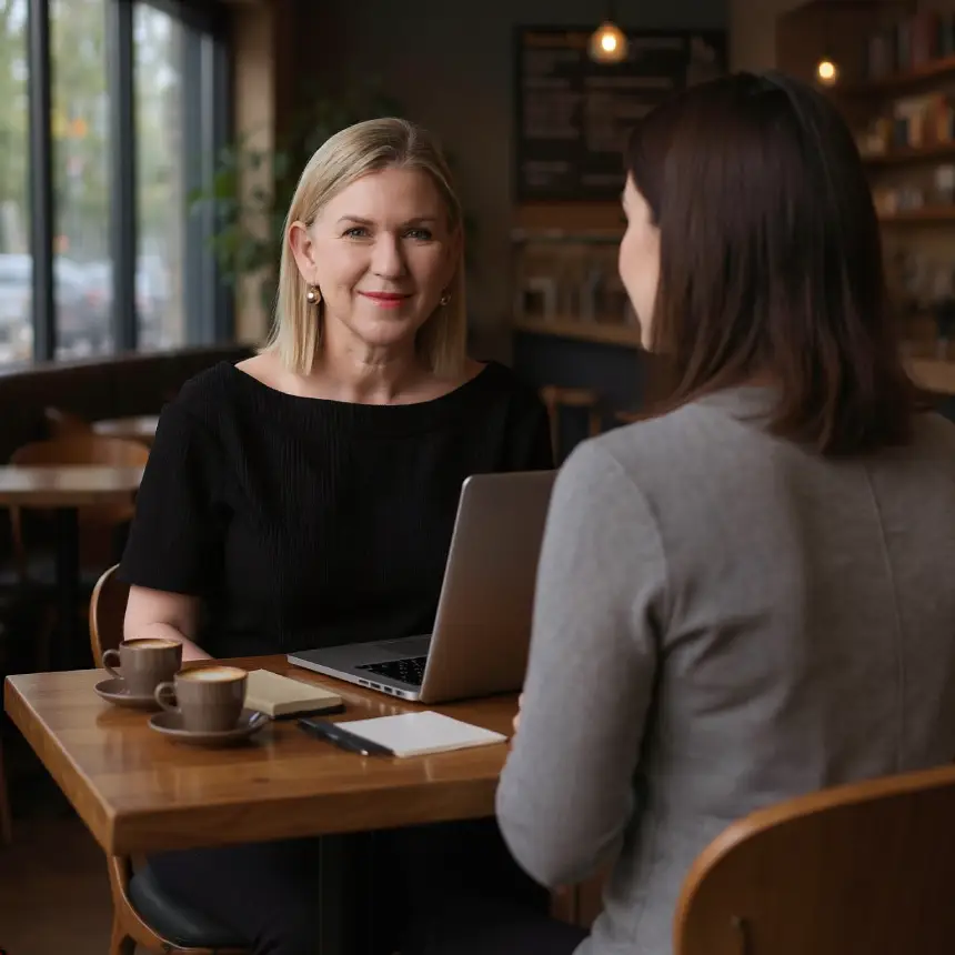 woman sitting behind laptop talking to client